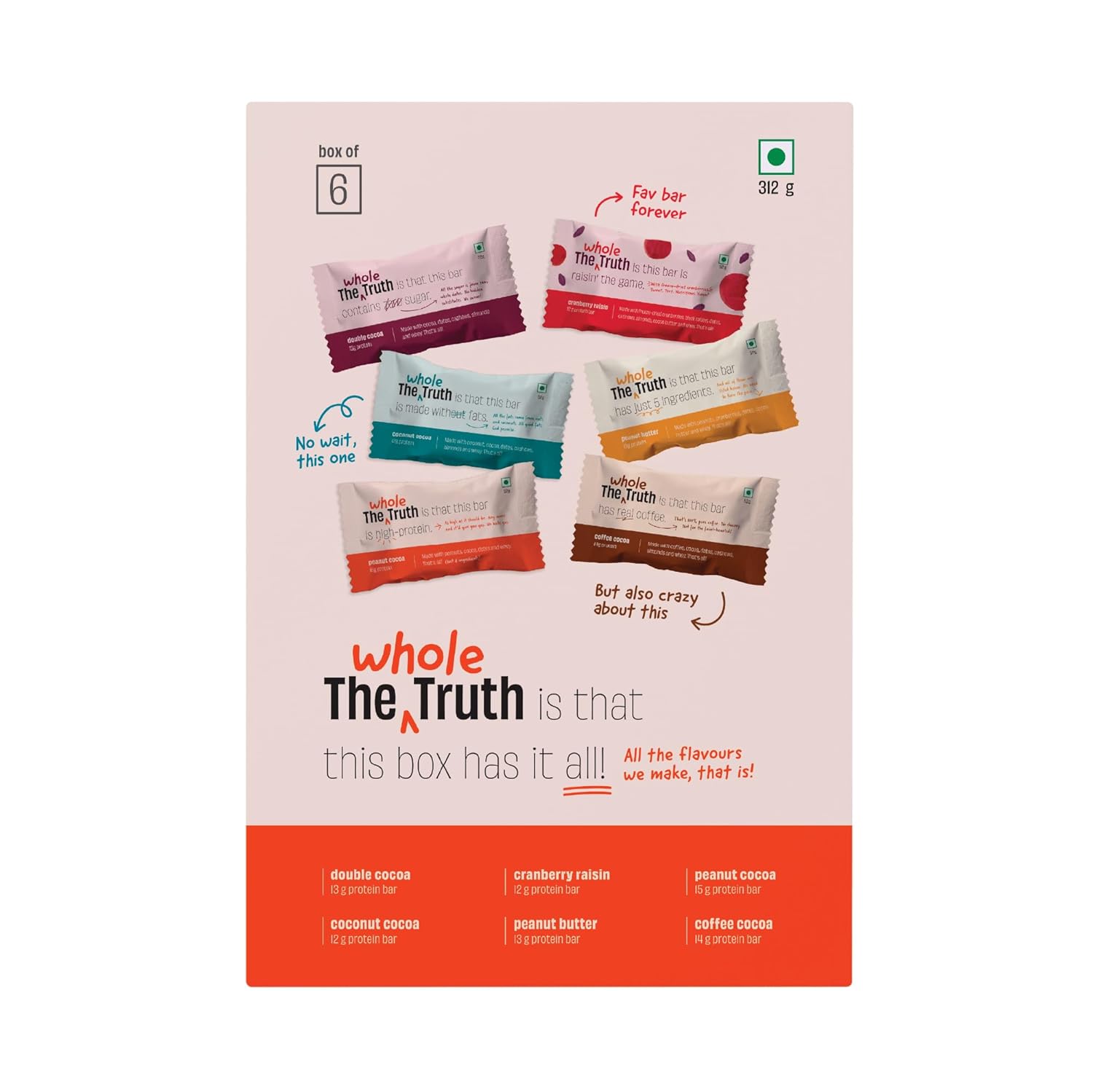 The Whole Truth - Protein Bars | All-in-One | Pack of 6 x 52 g each | No Preservatives | No Artificial Sweeteners | No Gluten or Soy | All Natural Ingredients | Six Different Flavours